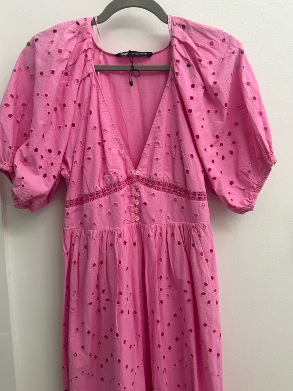Zara Hot Pink Eyelet V-Neck Dress